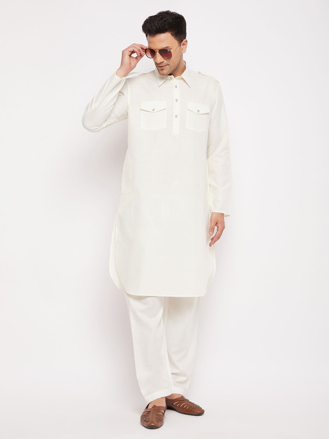 Sarvati Men's Cream Pathani Suit Set