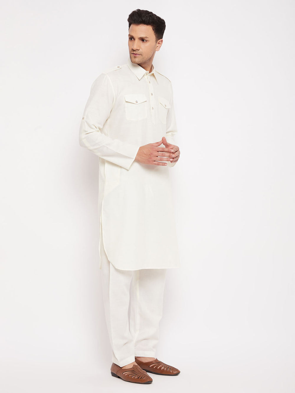 Sarvati Men's Cream Pathani Suit Set