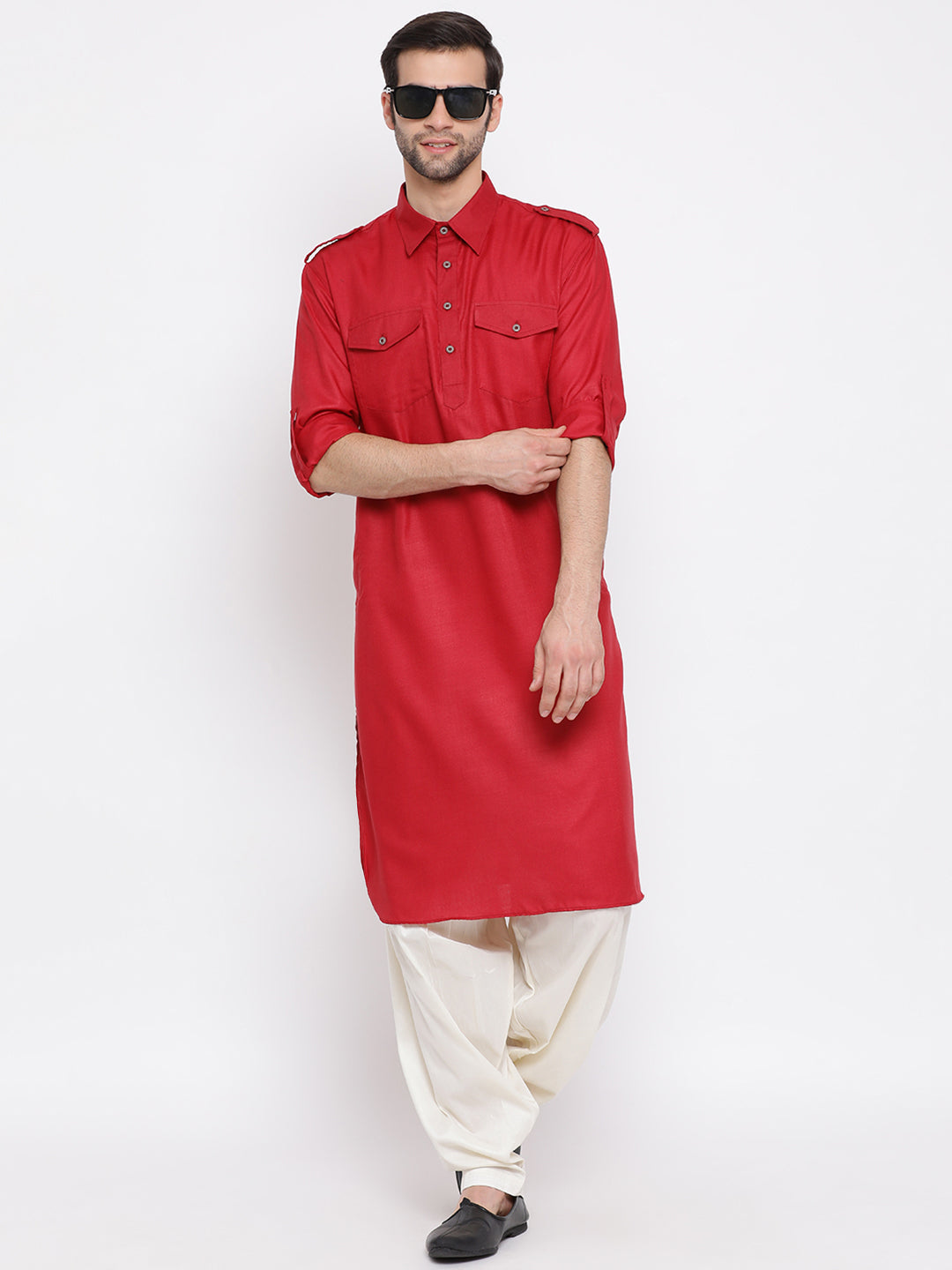 Sarvati Men's Maroon Cotton Blend Pathani Suit Set
