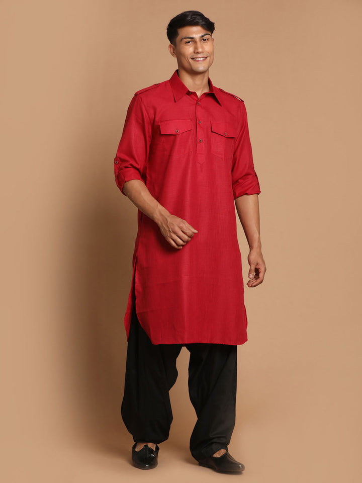 Sarvati Men's Maroon  And Black Cotton Blend Pathani Suit Set