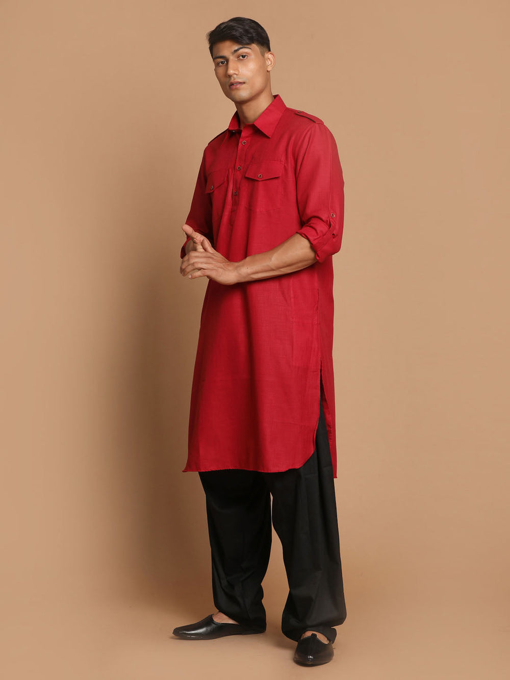 Sarvati Men's Maroon  And Black Cotton Blend Pathani Suit Set