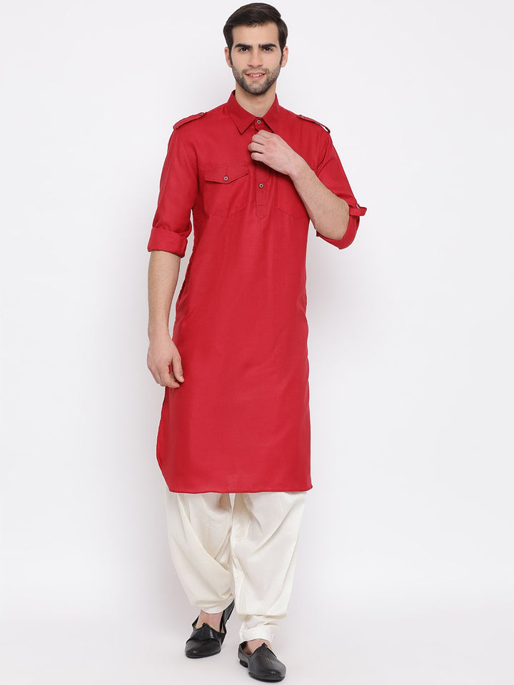 Sarvati Men's Maroon Cotton Blend Pathani Suit Set