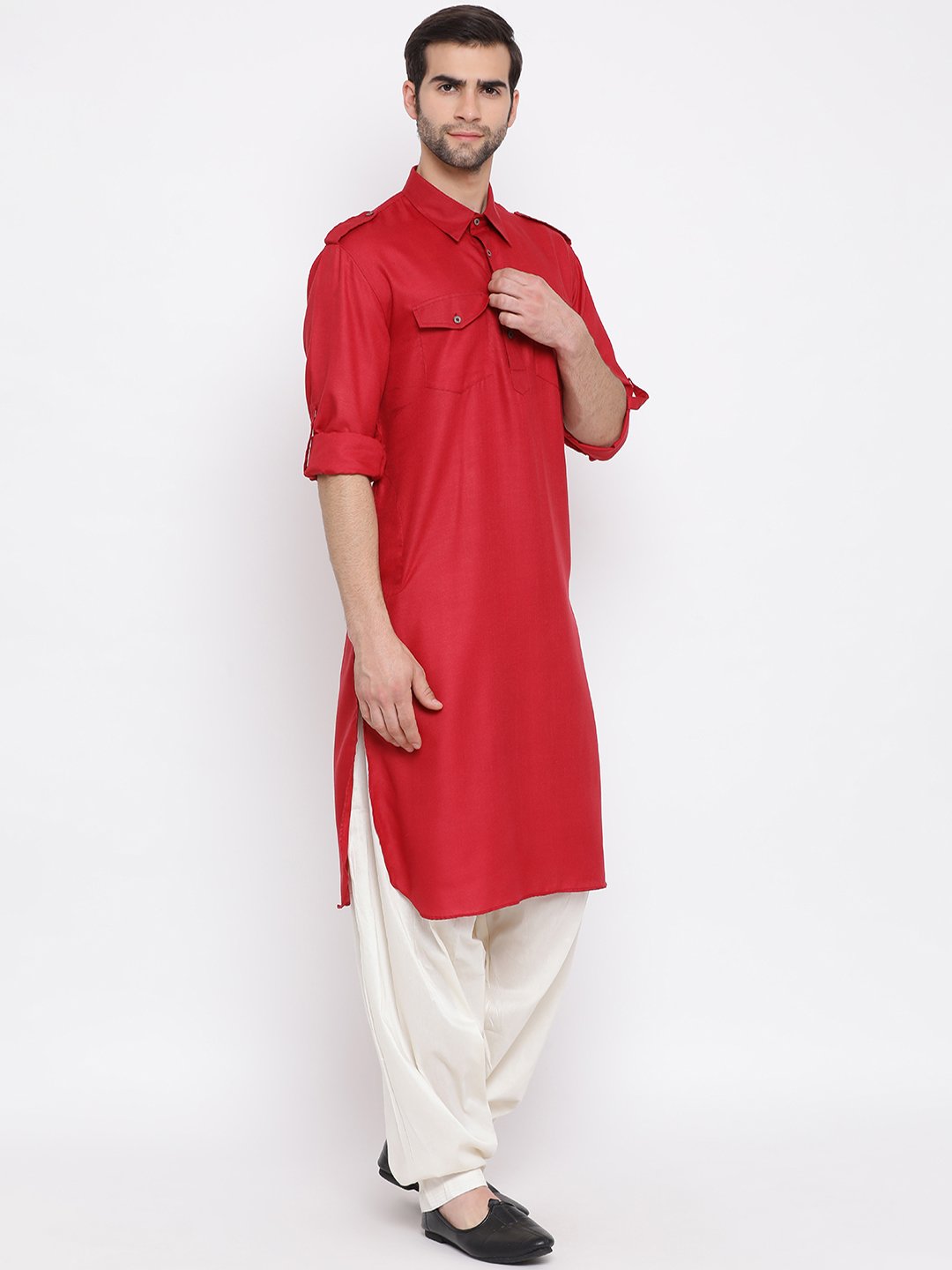 Sarvati Men's Maroon Cotton Blend Pathani Suit Set