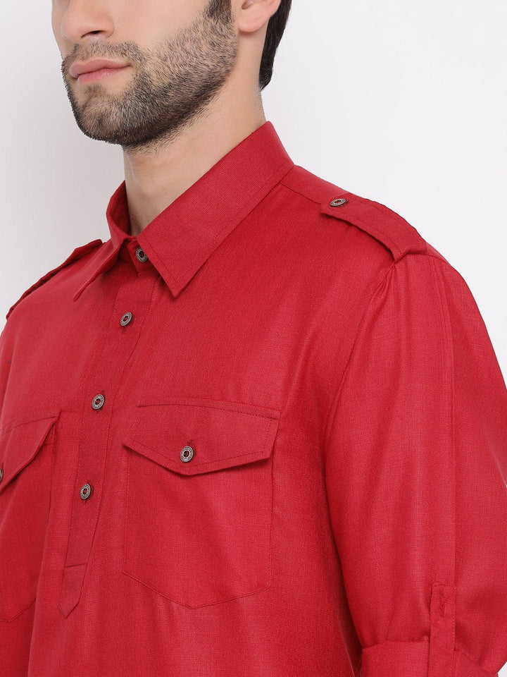 Sarvati Men's Maroon Cotton Blend Pathani Suit Set