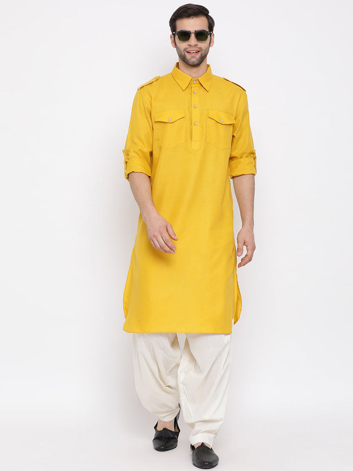Sarvati Men's Mustard Cotton Blend Pathani Suit Set