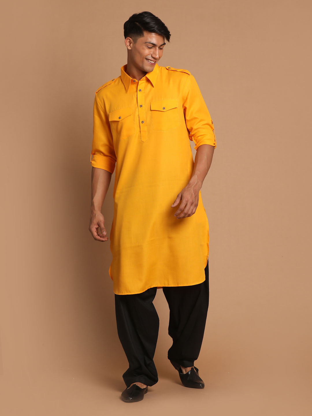 Sarvati Men's Mustard Cotton Blend Pathani Suit Set