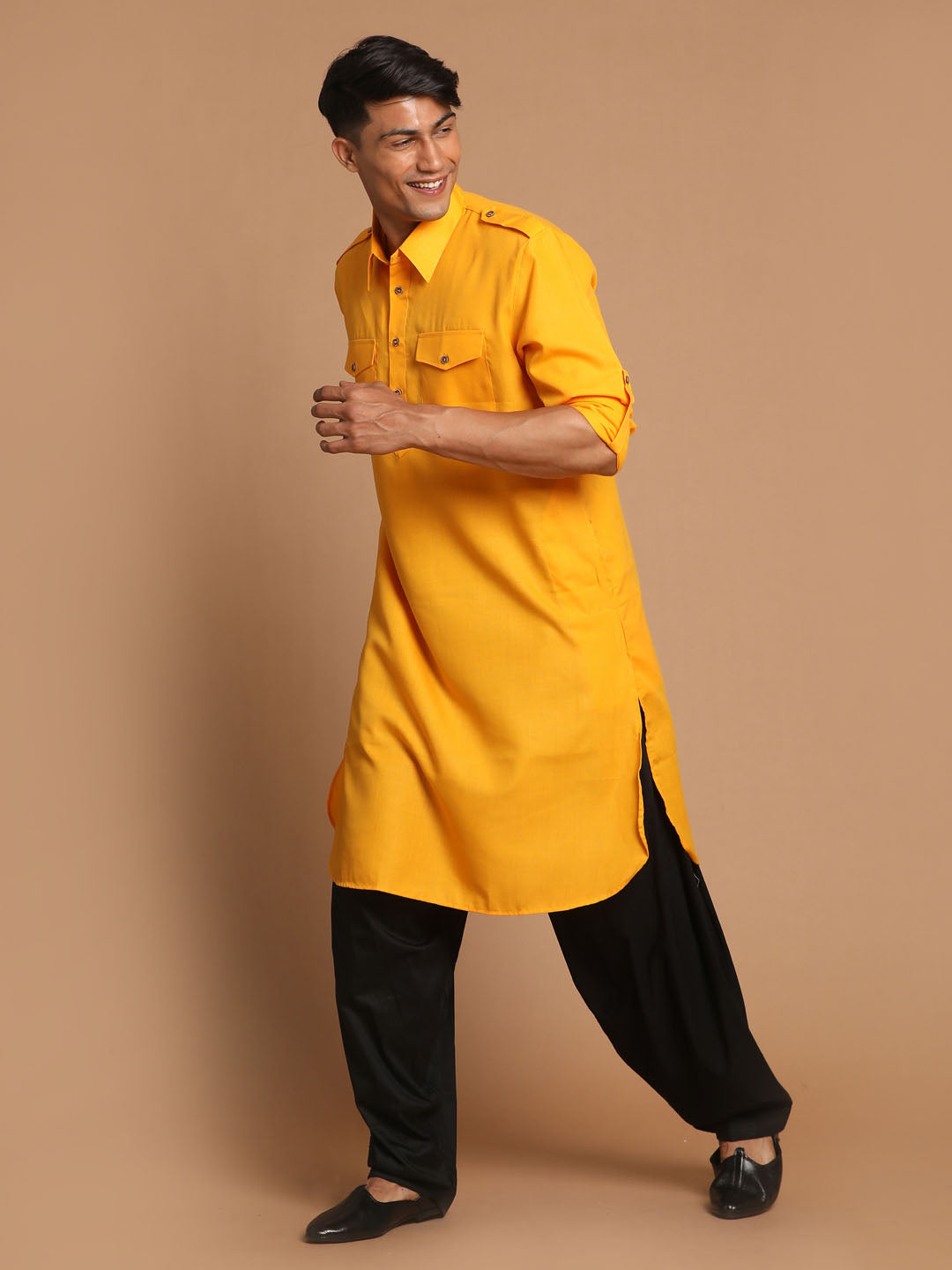 Sarvati Men's Mustard Cotton Blend Pathani Suit Set