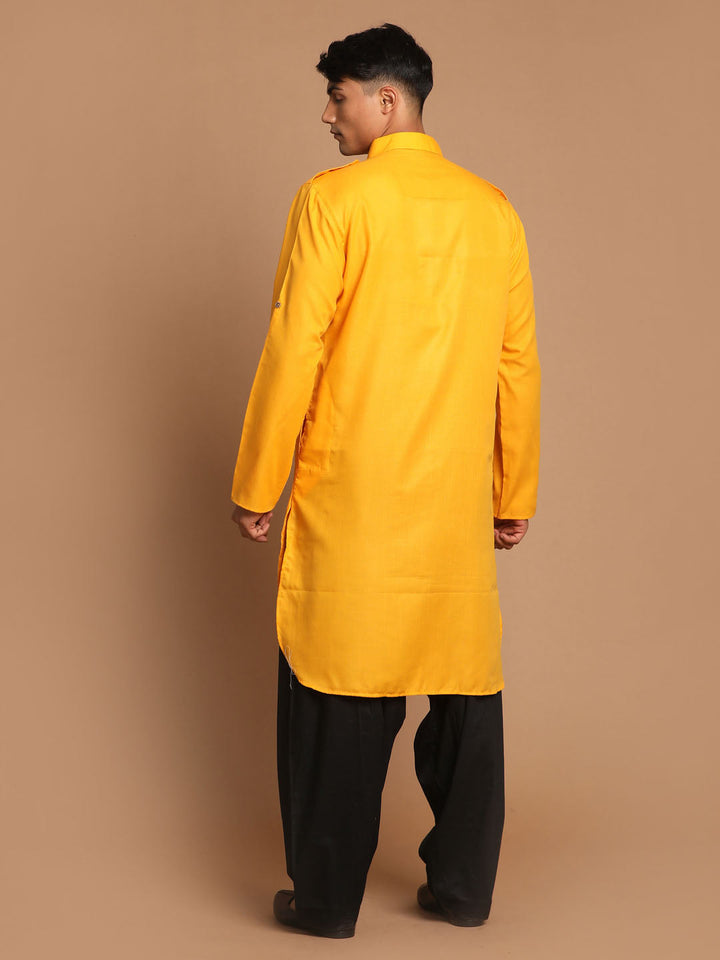 Sarvati Men's Mustard Cotton Blend Pathani Suit Set