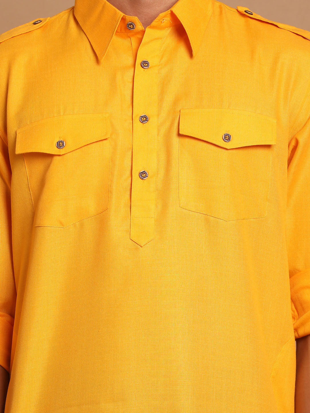 Sarvati Men's Mustard Cotton Blend Pathani Suit Set