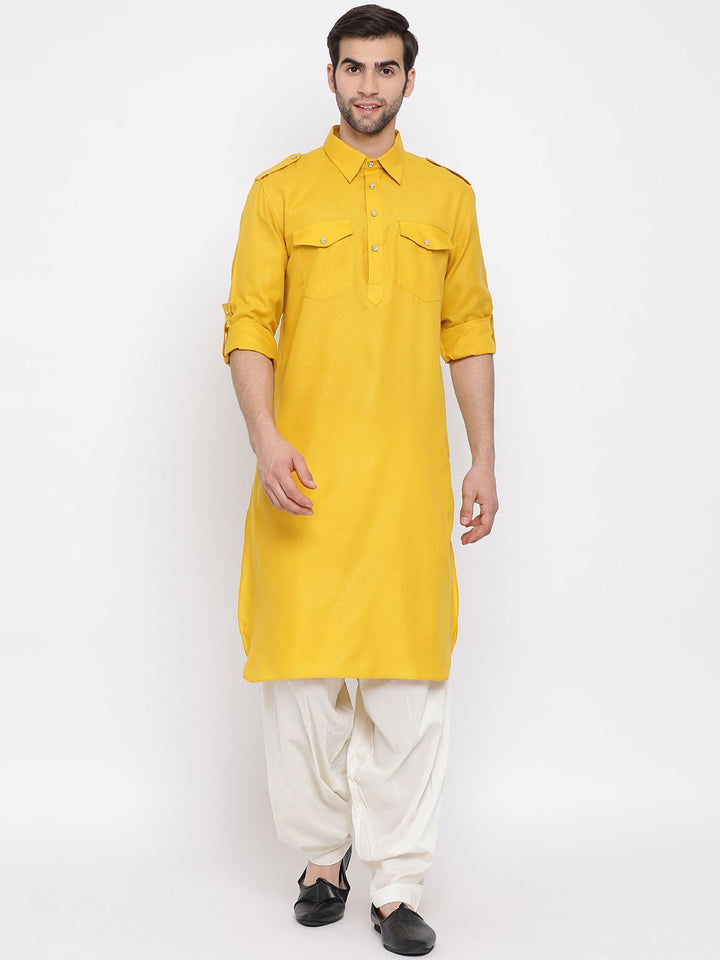 Sarvati Men's Mustard Cotton Blend Pathani Suit Set