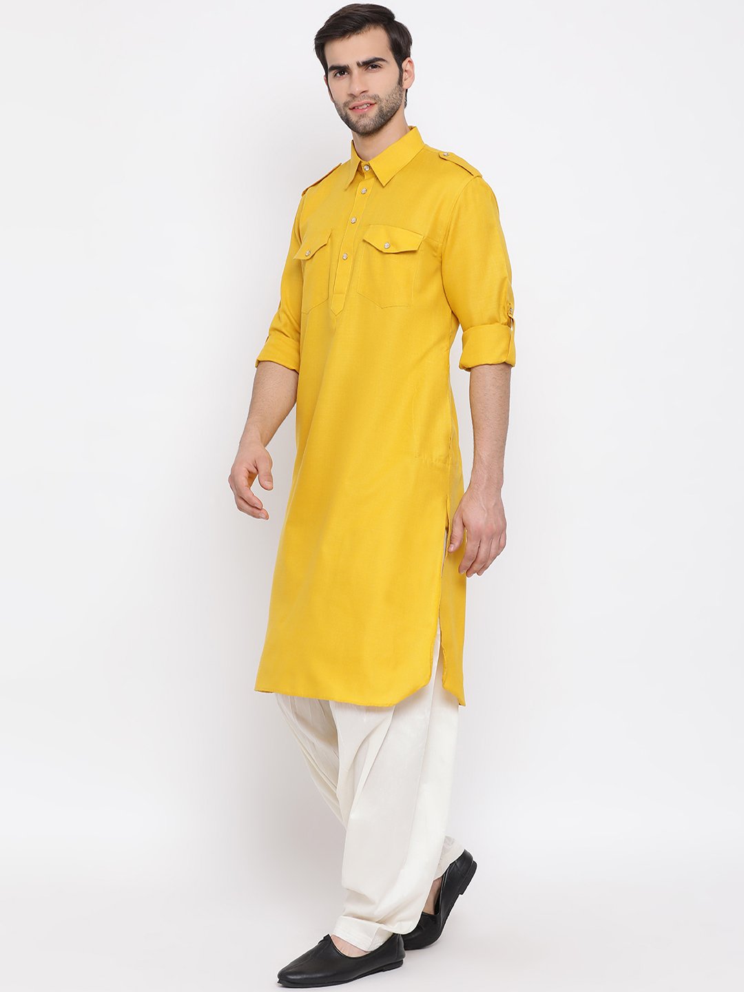 Sarvati Men's Mustard Cotton Blend Pathani Suit Set
