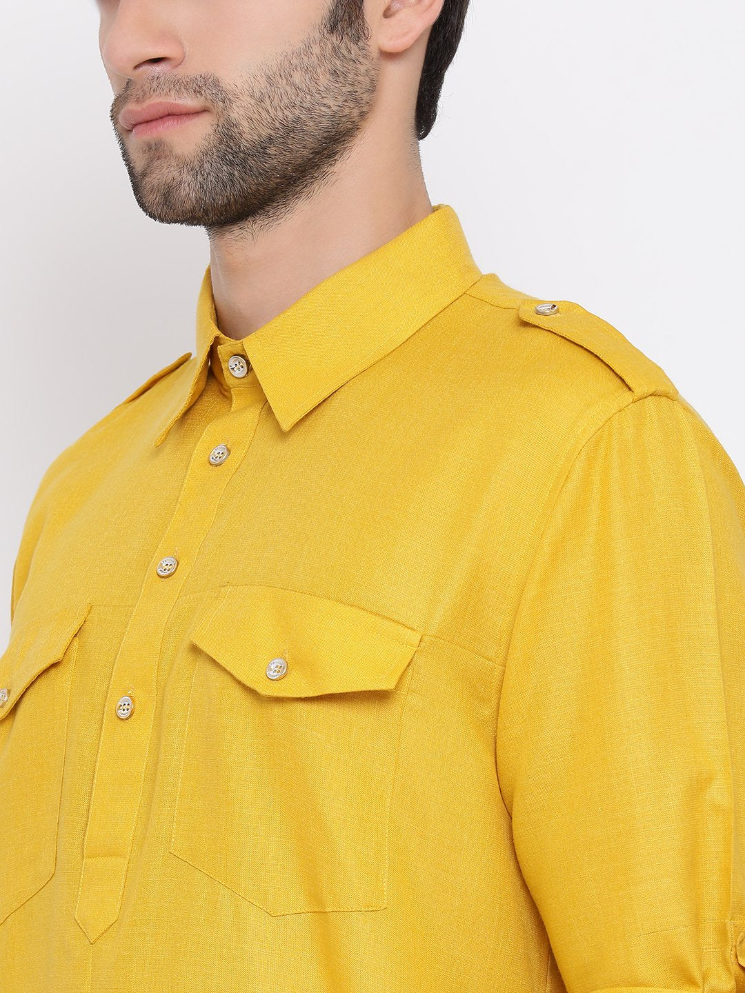Sarvati Men's Mustard Cotton Blend Pathani Suit Set