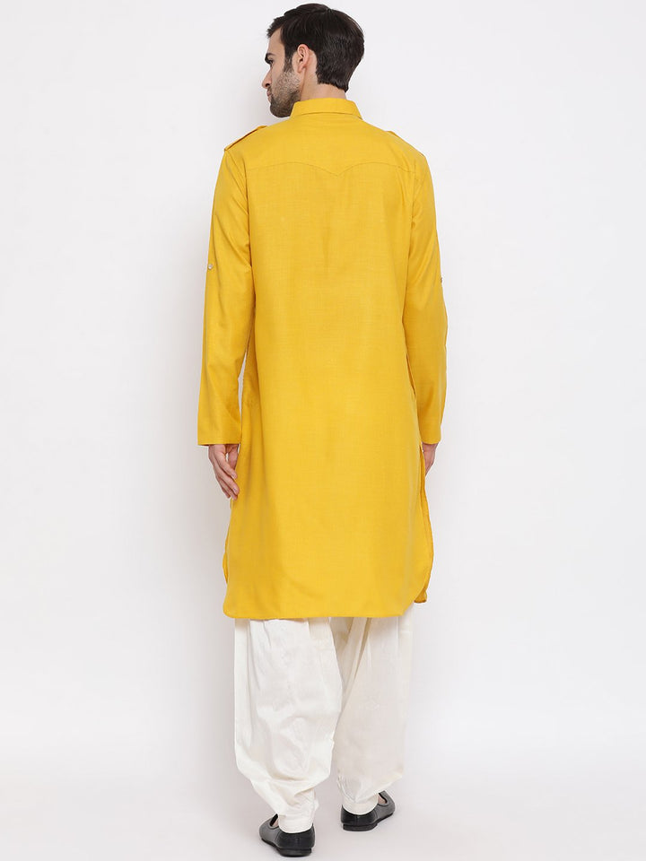 Sarvati Men's Mustard Cotton Blend Pathani Suit Set