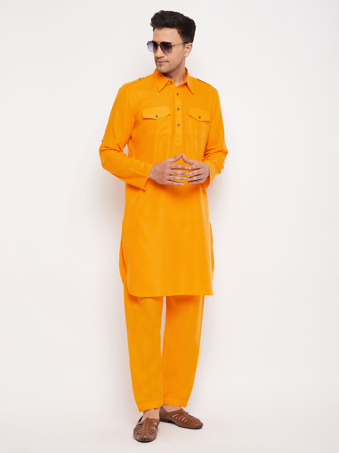 Sarvati Men's Mustard Pathani Suit Set