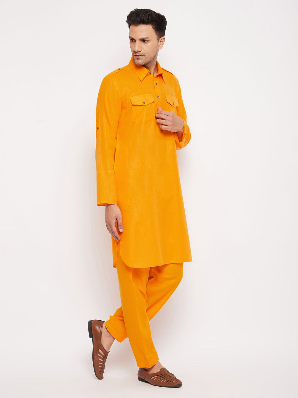 Sarvati Men's Mustard Pathani Suit Set