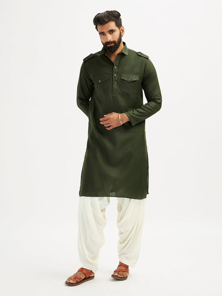 Men's Mehendi Green And Cream Cotton Blend Pathani Kurta Set