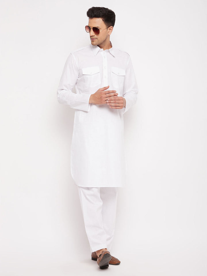 Sarvati Men's White Cotton Blend Pathani Suit Set