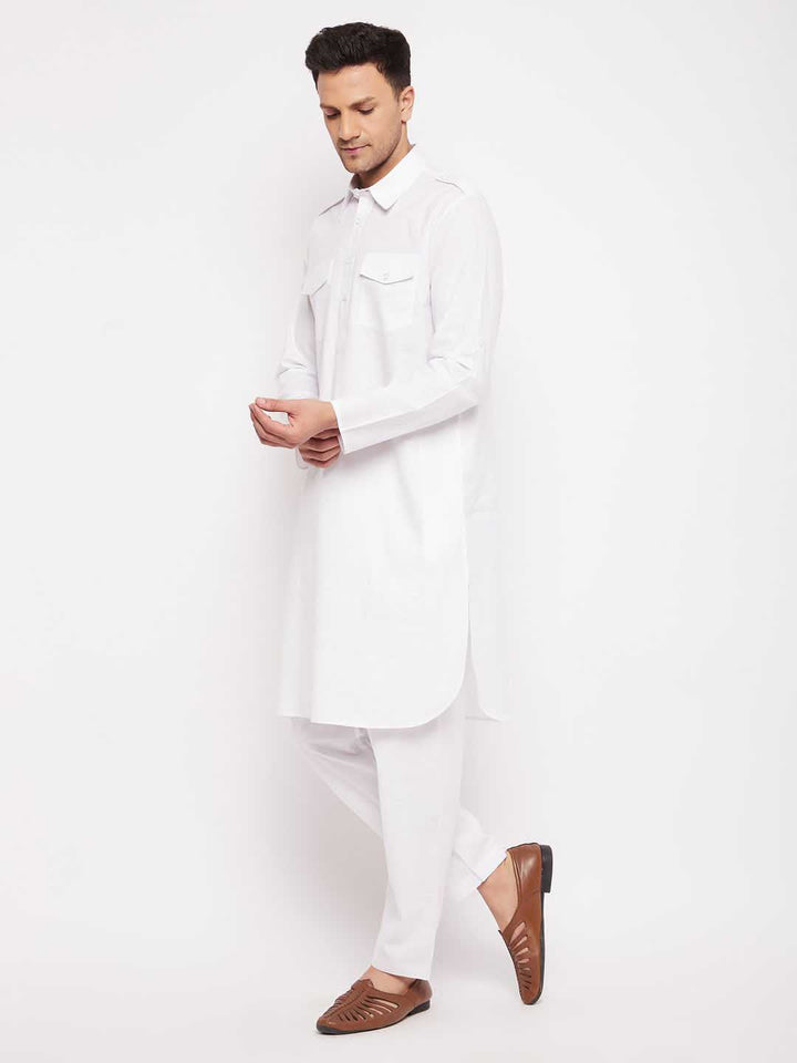 Sarvati Men's White Cotton Blend Pathani Suit Set