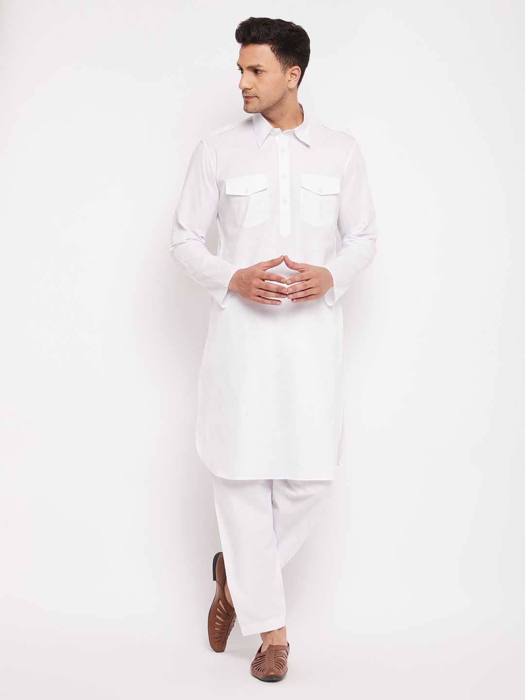 Sarvati Men's White Cotton Blend Pathani Suit Set