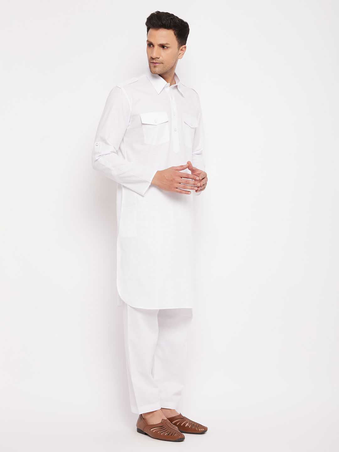 Sarvati Men's White Cotton Blend Pathani Suit Set