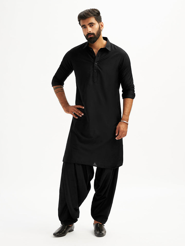 Men's Black Viscose Pathani Kurta Set