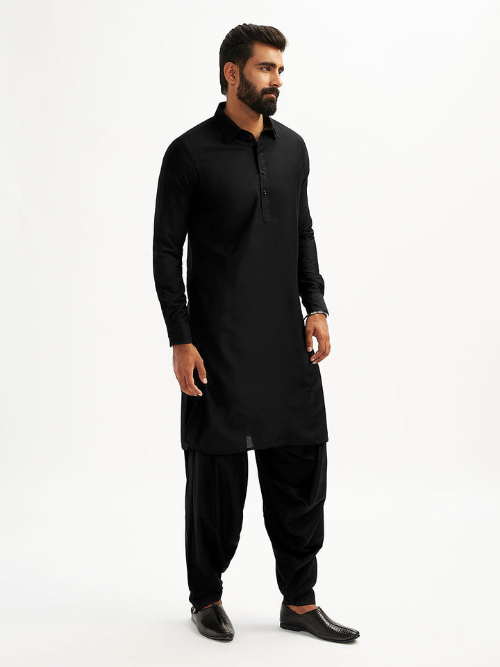 Men's Black Viscose Pathani Kurta Set