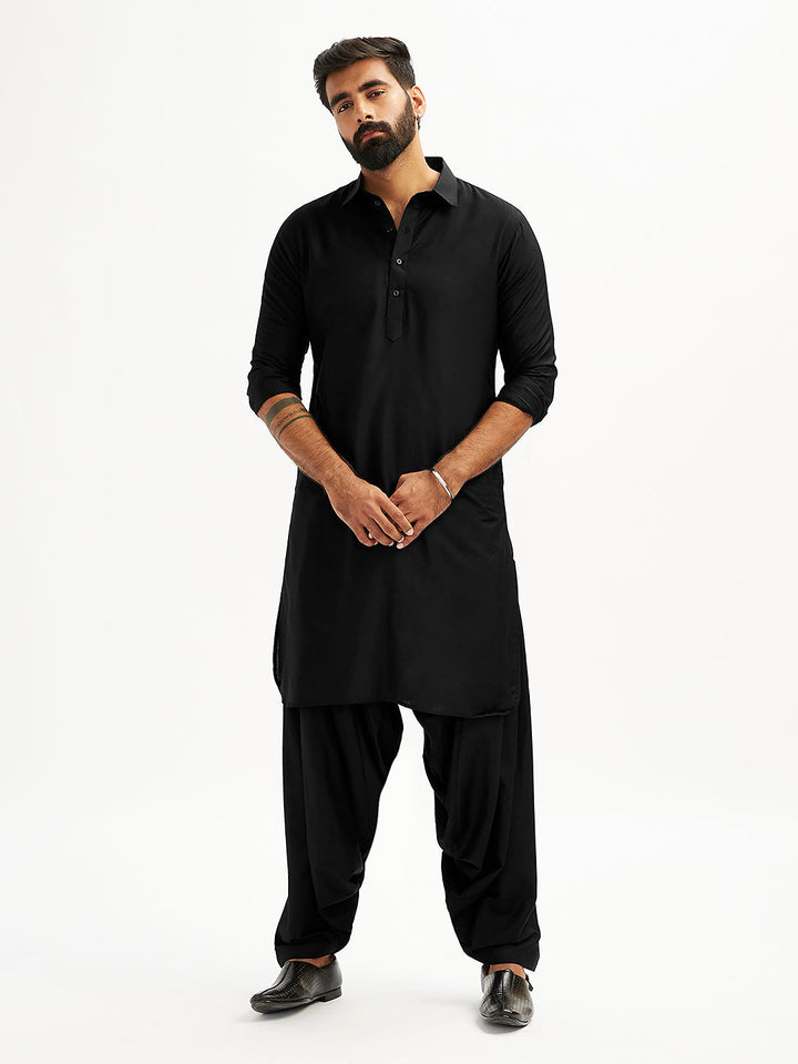 Men's Black Viscose Pathani Kurta Set