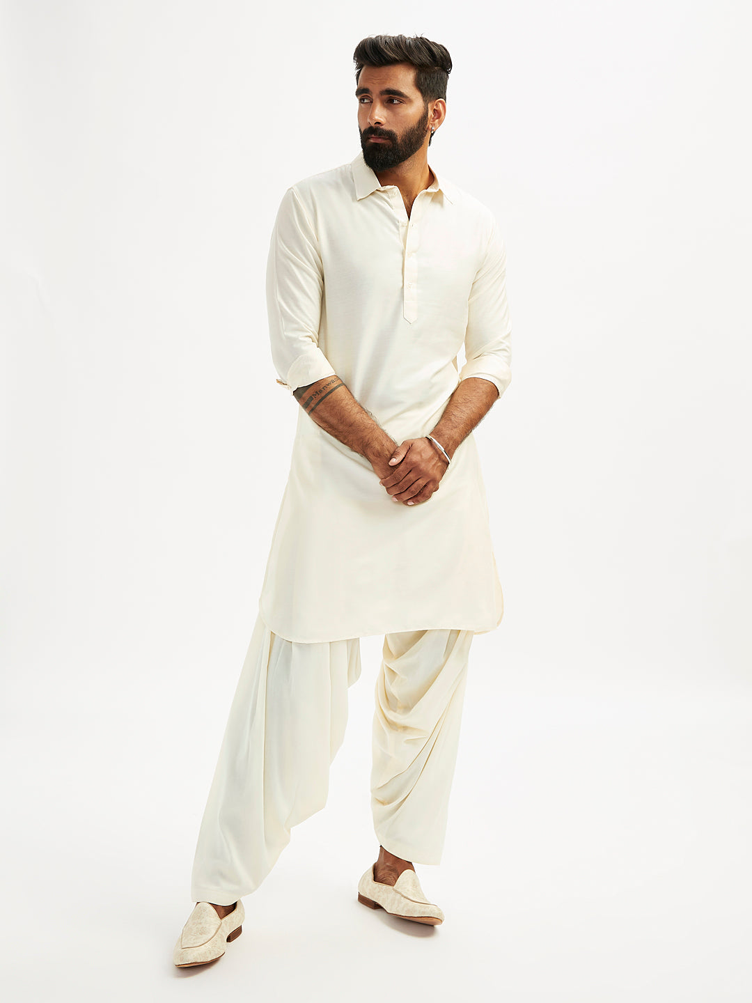 Sarvati Men's Cream Viscose Pathani Kurta Set