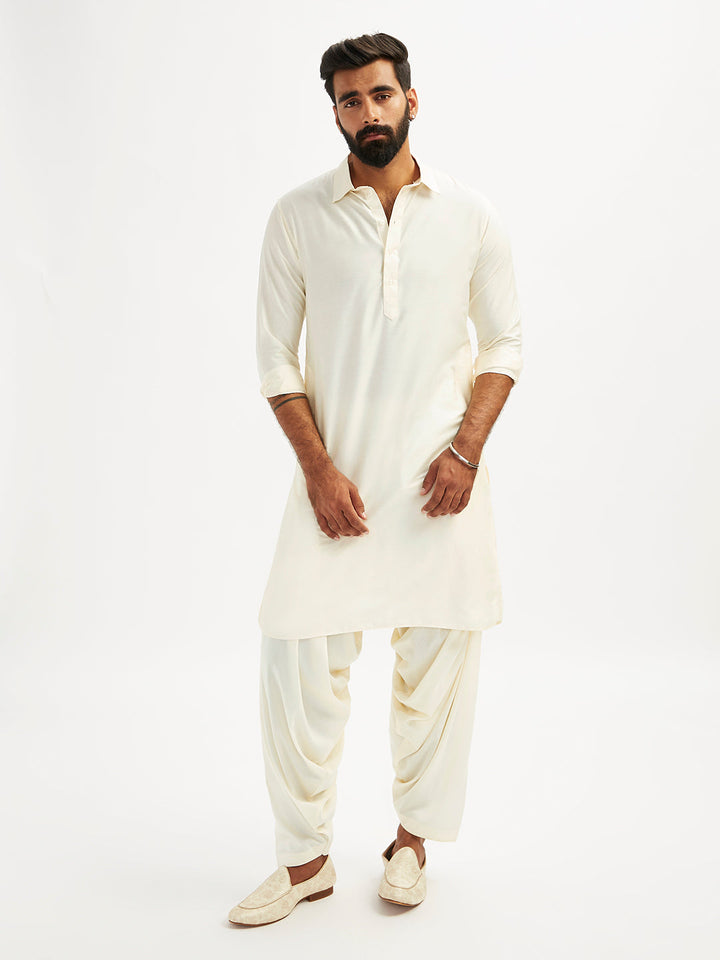 Sarvati Men's Cream Viscose Pathani Kurta Set