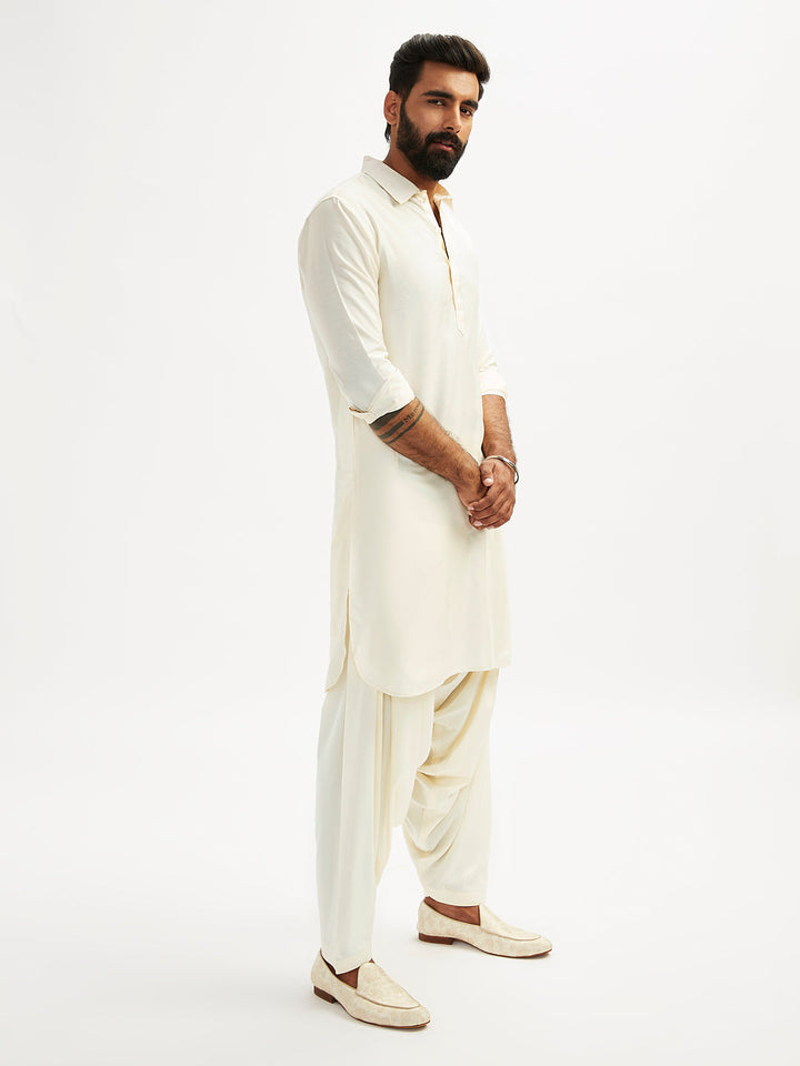 Sarvati Men's Cream Viscose Pathani Kurta Set