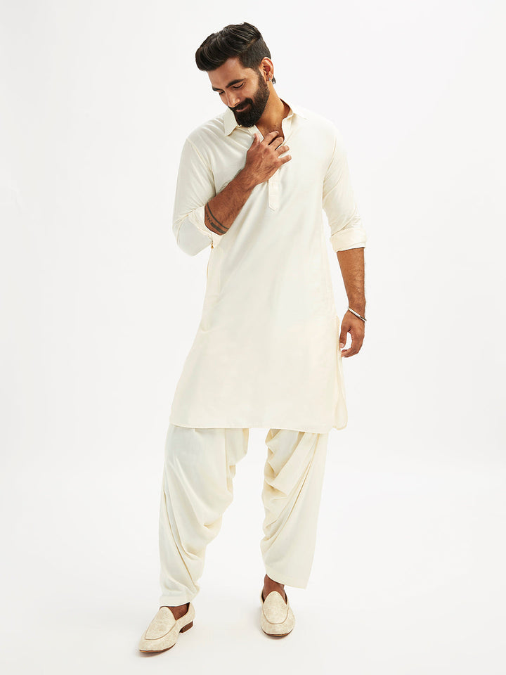 Sarvati Men's Cream Viscose Pathani Kurta Set