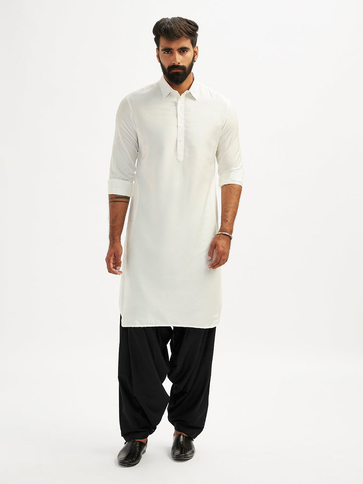 Sarvati Men's White And Black Viscose Pathani Kurta Set