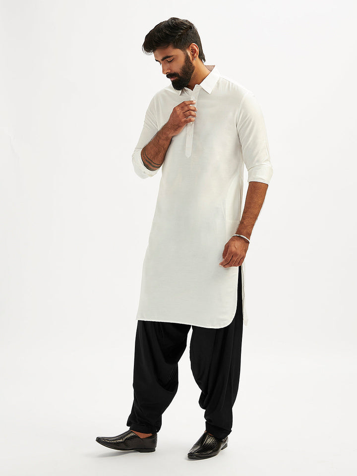 Sarvati Men's White And Black Viscose Pathani Kurta Set