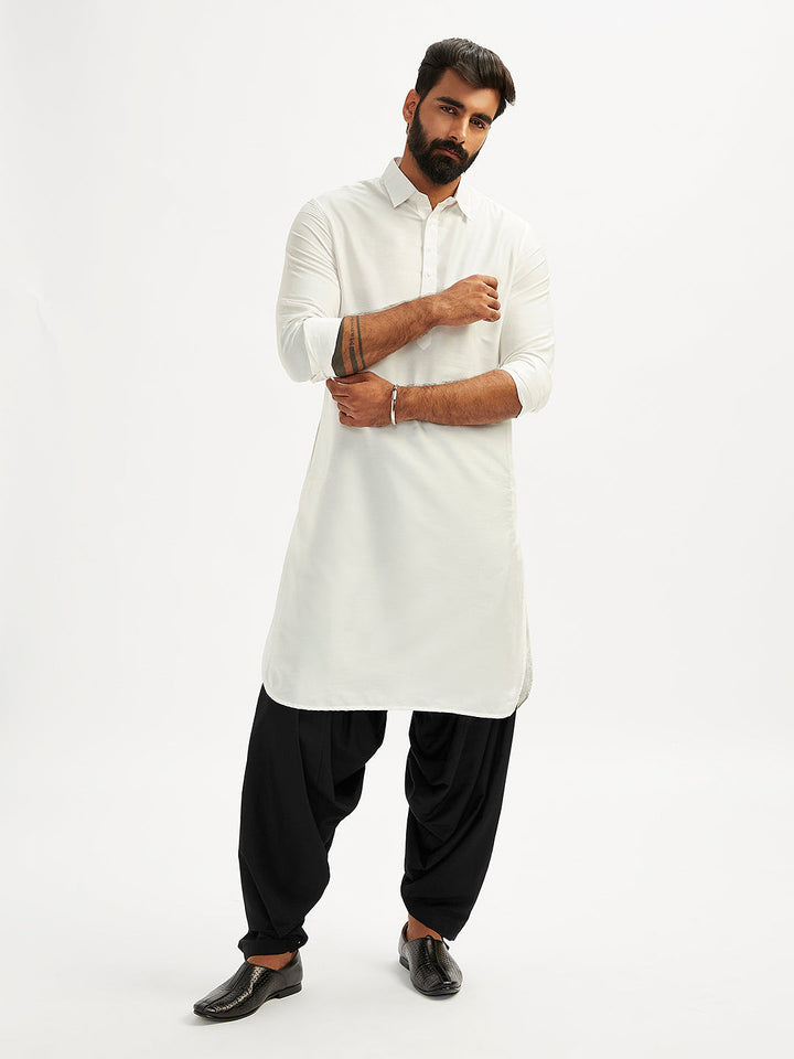 Sarvati Men's White And Black Viscose Pathani Kurta Set