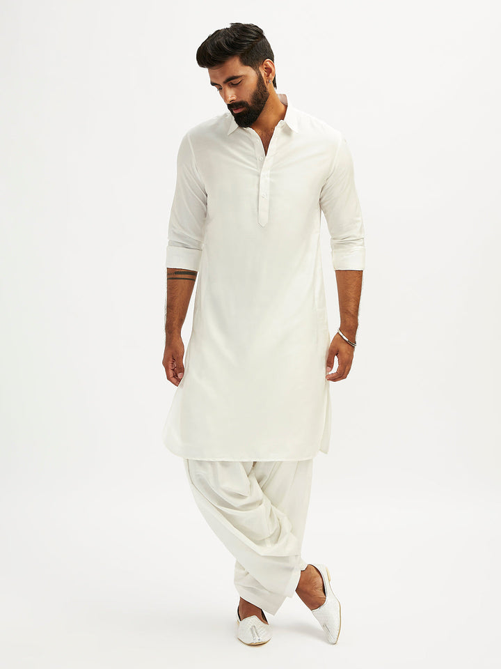 Sarvati Men's White Viscose Pathani Kurta Set