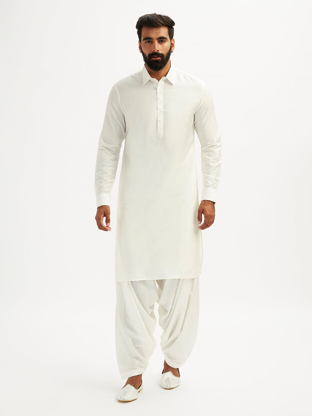 Sarvati Men's White Viscose Pathani Kurta Set