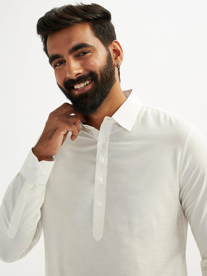 Sarvati Men's White Viscose Pathani Kurta Set