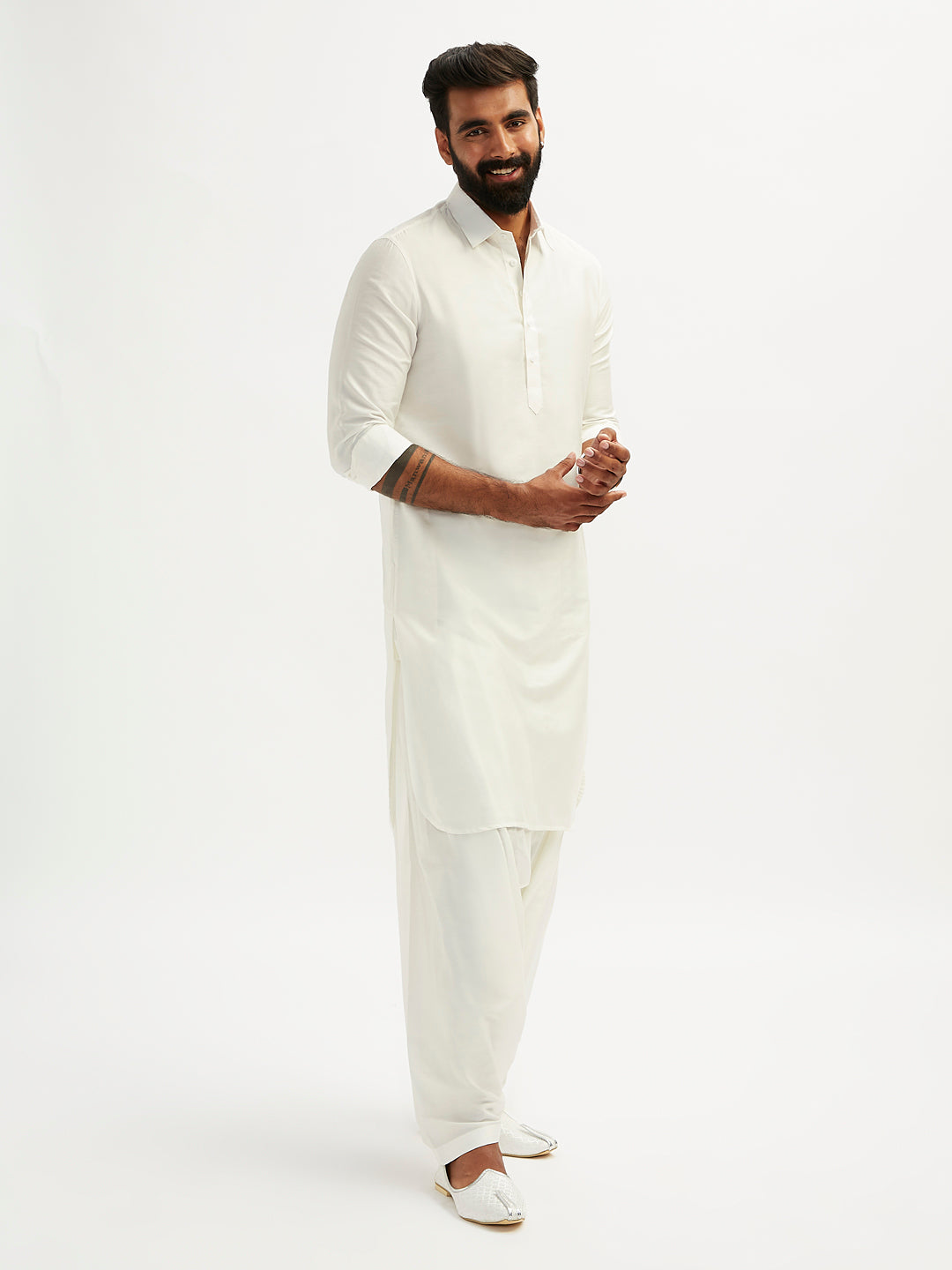 Sarvati Men's White Viscose Pathani Kurta Set