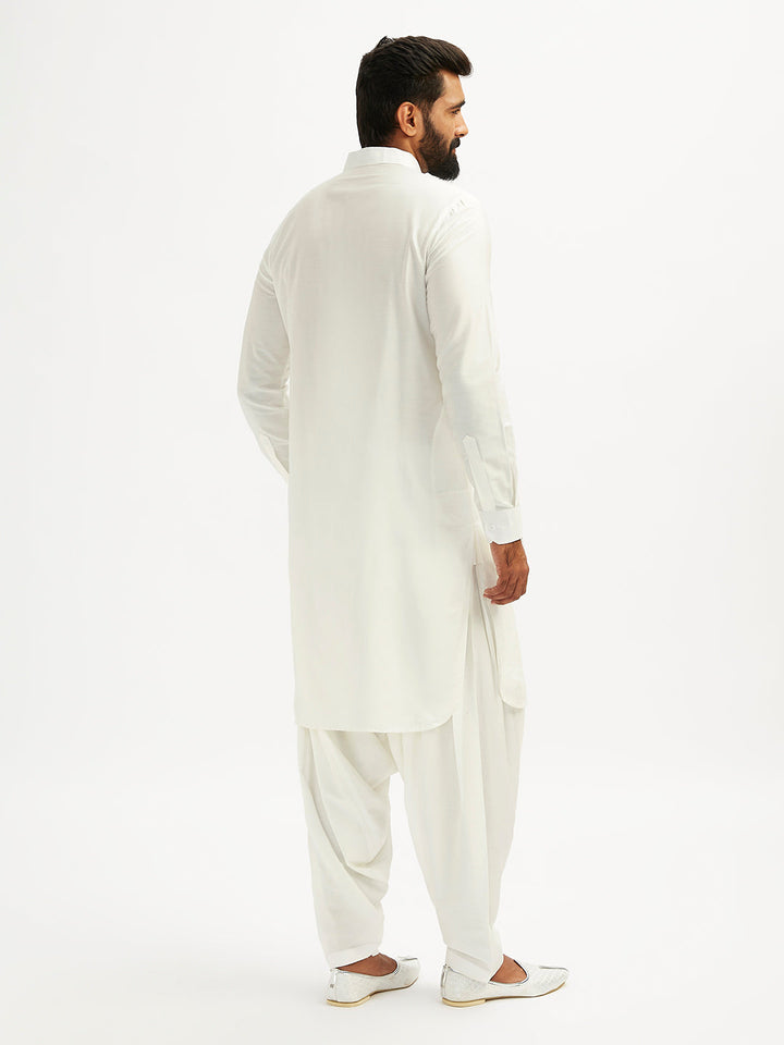 Sarvati Men's White Viscose Pathani Kurta Set