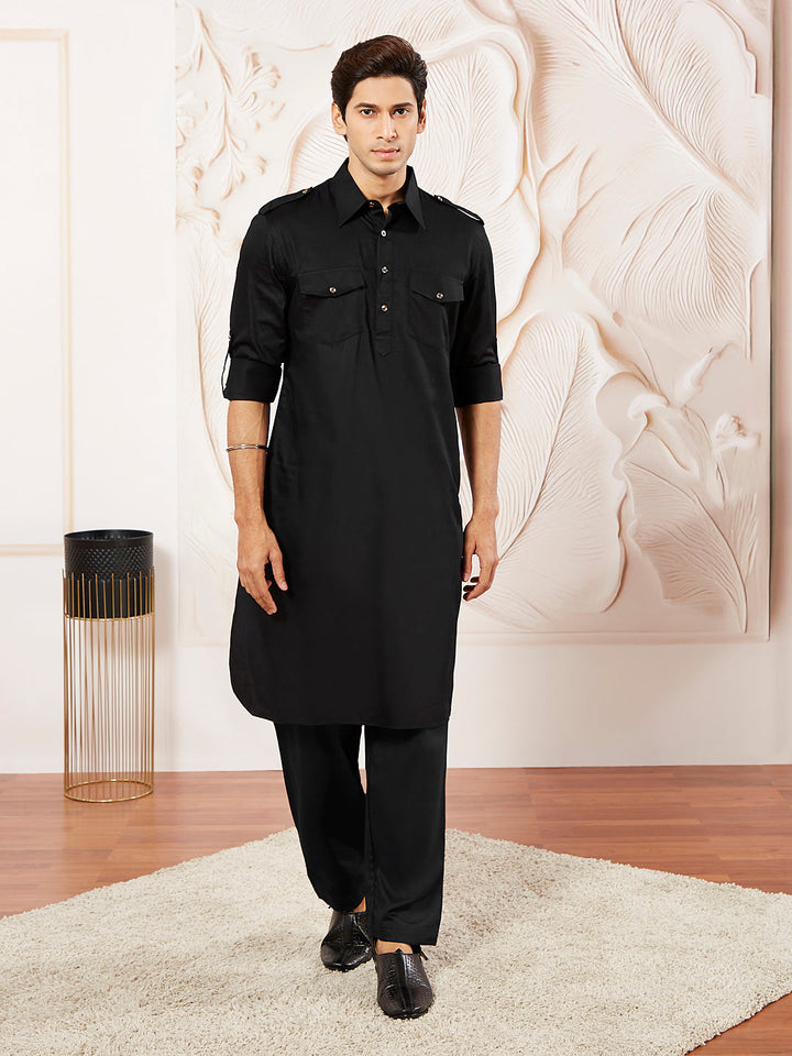 Men's Black Cotton Pathani Suit Set