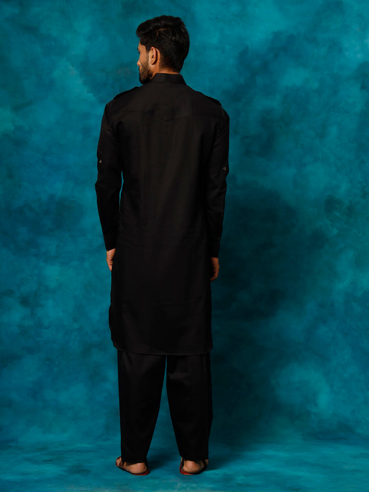 Sarvati Men's Black Cotton Pathani Suit Set