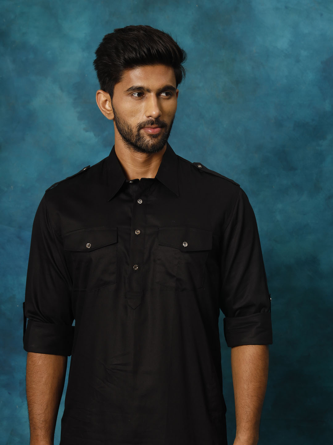 Sarvati Men's Black Cotton Pathani Suit Set