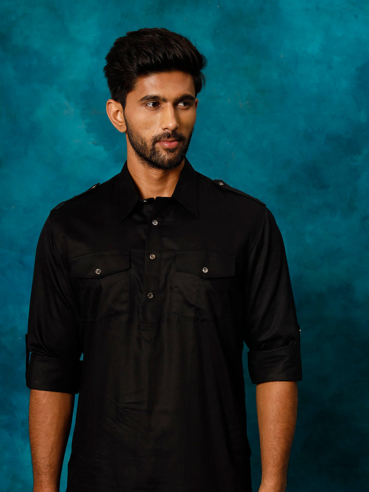 Sarvati Men's Black Cotton Pathani Suit Set