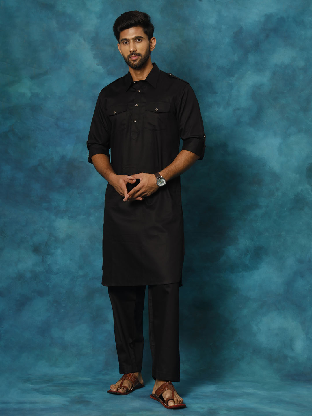 Sarvati Men's Black Cotton Pathani Suit Set