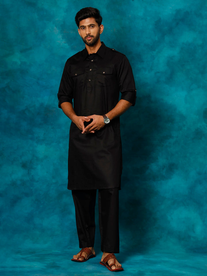 Sarvati Men's Black Cotton Pathani Suit Set