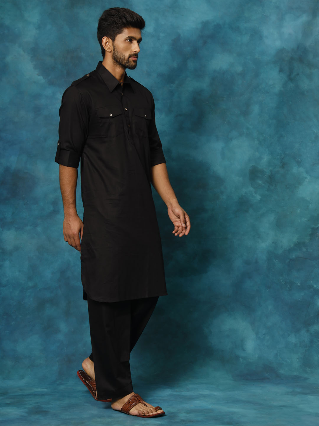 Sarvati Men's Black Cotton Pathani Suit Set