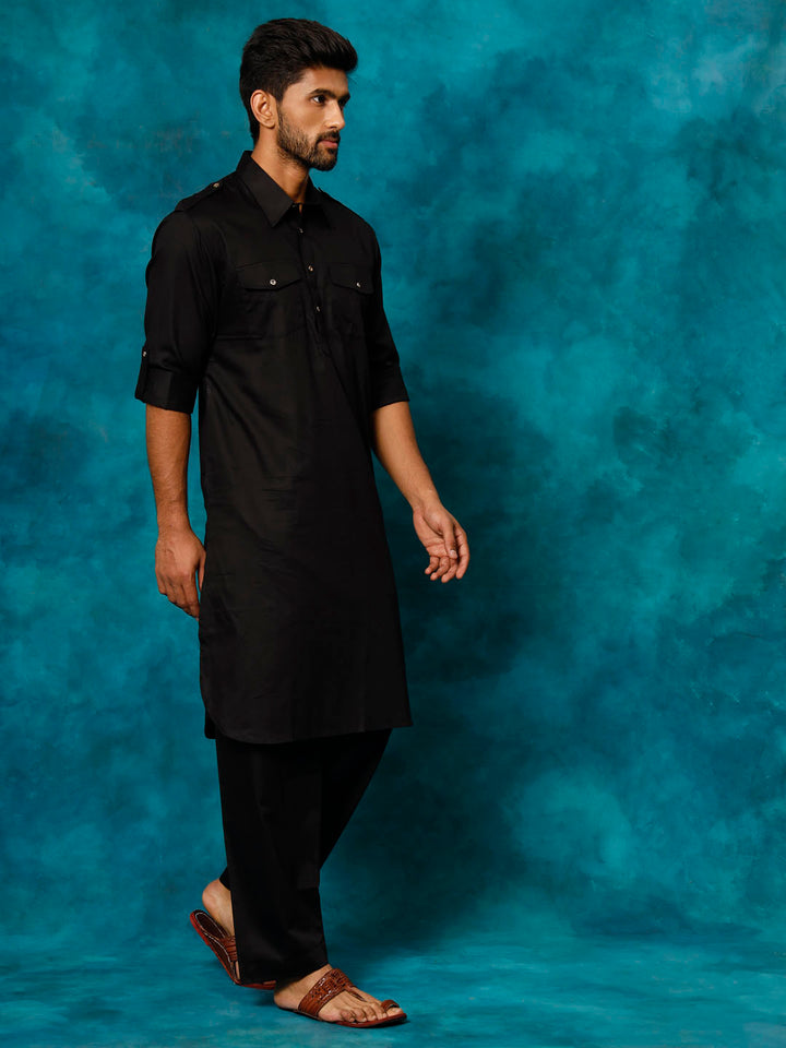 Sarvati Men's Black Cotton Pathani Suit Set