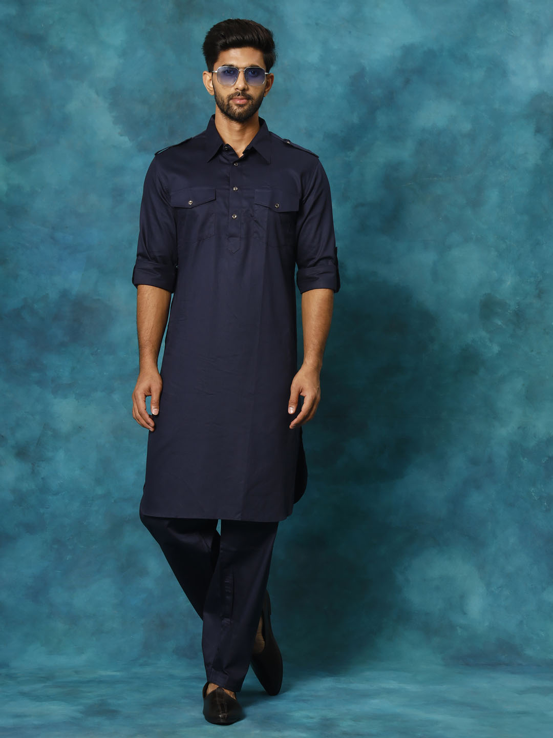 Sarvati Men's Blue Cotton Pathani Suit Set