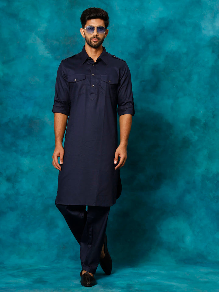 Sarvati Men's Blue Cotton Pathani Suit Set