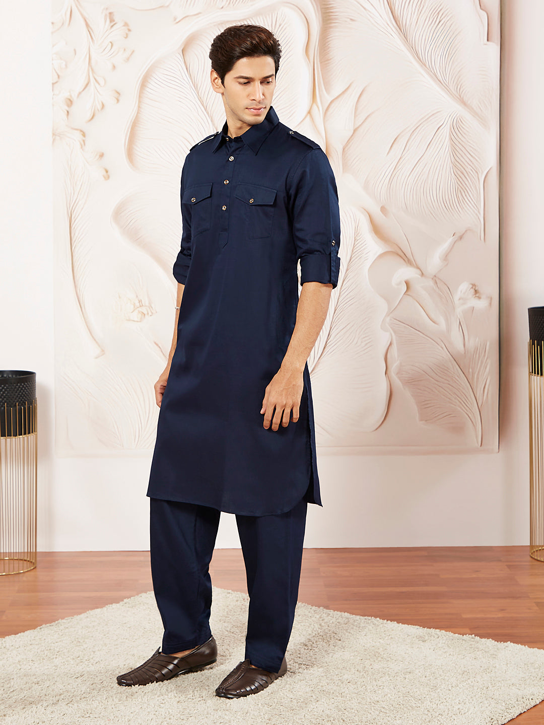 Men's Blue Cotton Pathani Suit Set